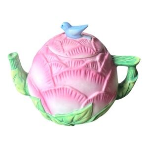 Avon Teapot Decorative 1995 Source of Fine Collectibles Pink Rose Blue Bird Leaf
